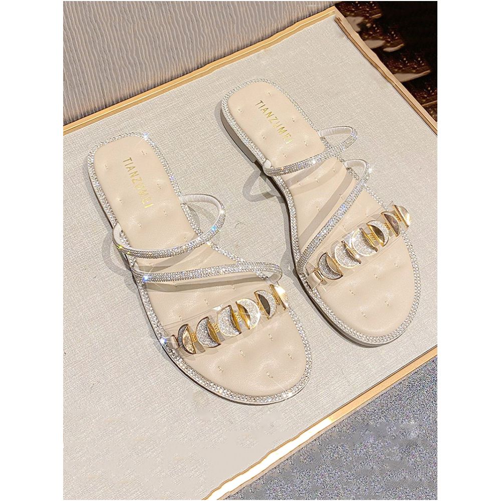 Water Diamond Sandals Women s Fairy Style Flat Bottom 2025 Summer New Style Fashionable and Beautiful Women s Dress Cool Slippers for Outer Wear image 1