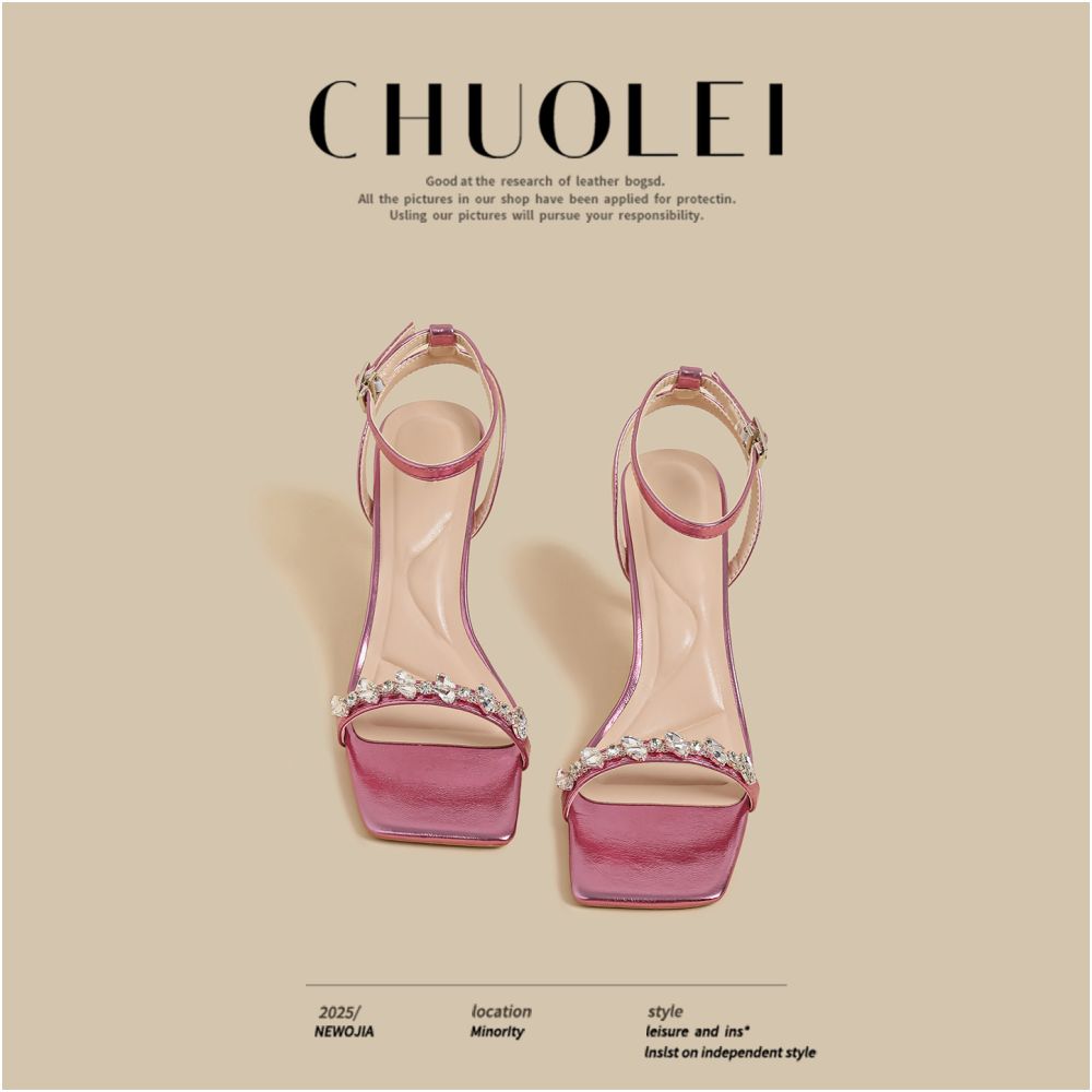 2025 Summer New Fine Heels Women s French Pink Square Head Water Diamond Sexy Outerwear One Line Open toed Sandals image 2