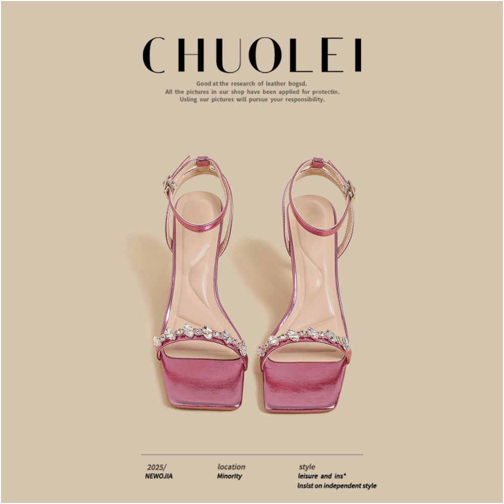 2025 Summer New Fine Heels Women s French Pink Square Head Water Diamond Sexy Outerwear One Line Open toed Sandals