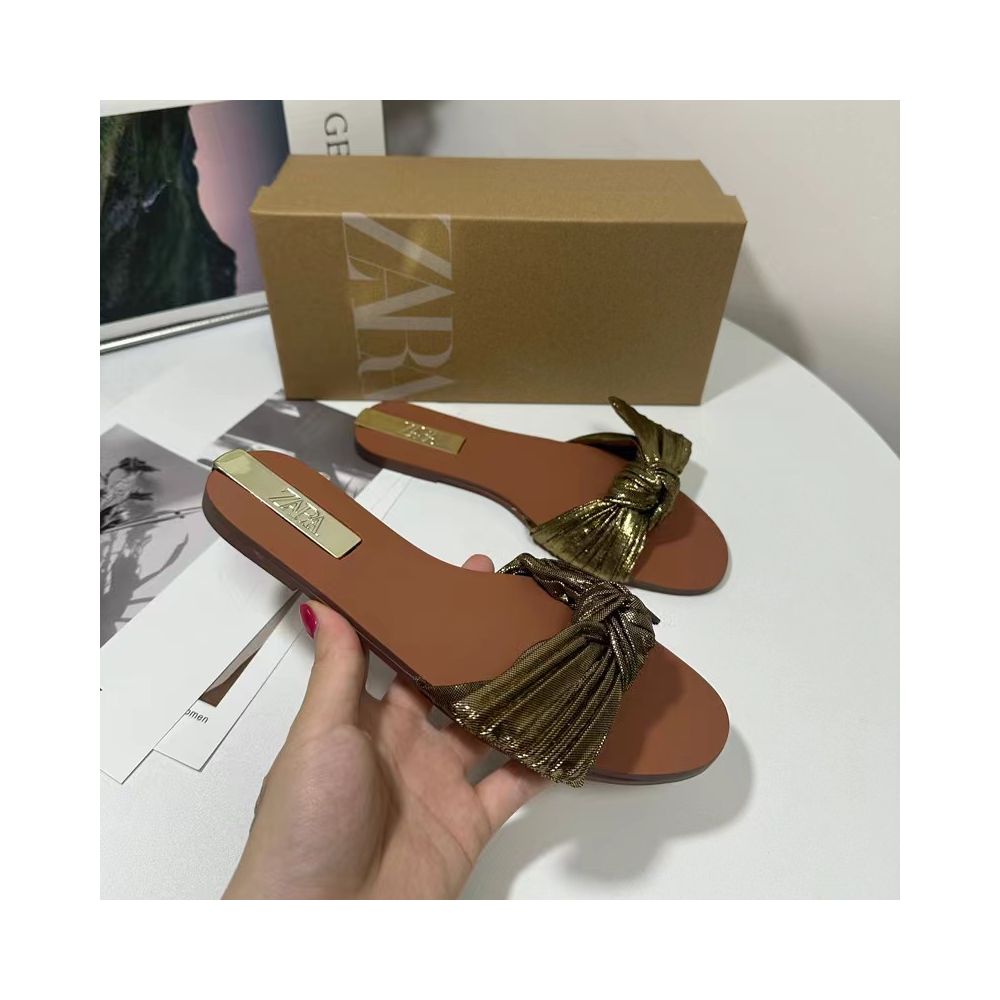 ZA Women s Shoes 2025 Summer New Flat Round Toe One Strap Bow Open Toe Casual Beach Shoes image 1