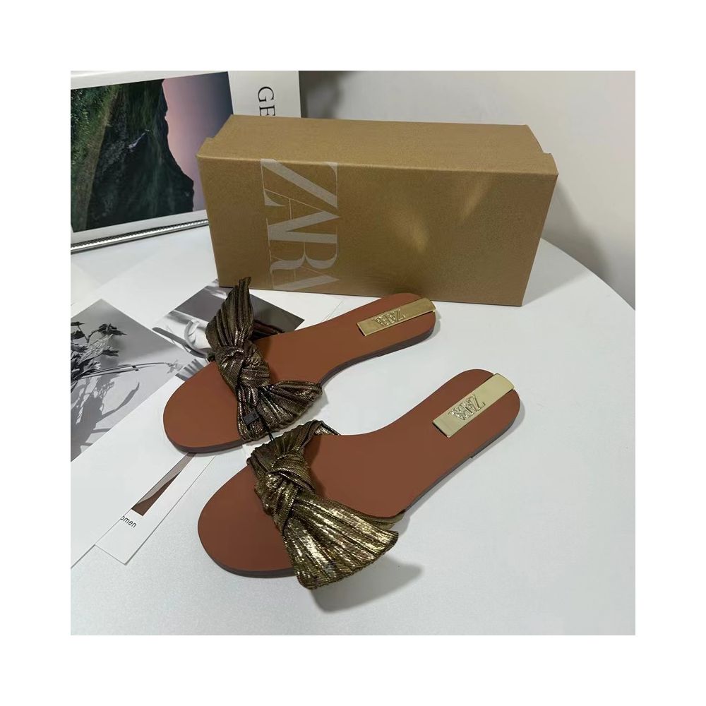 ZA Women s Shoes 2025 Summer New Flat Round Toe One Strap Bow Open Toe Casual Beach Shoes image 2