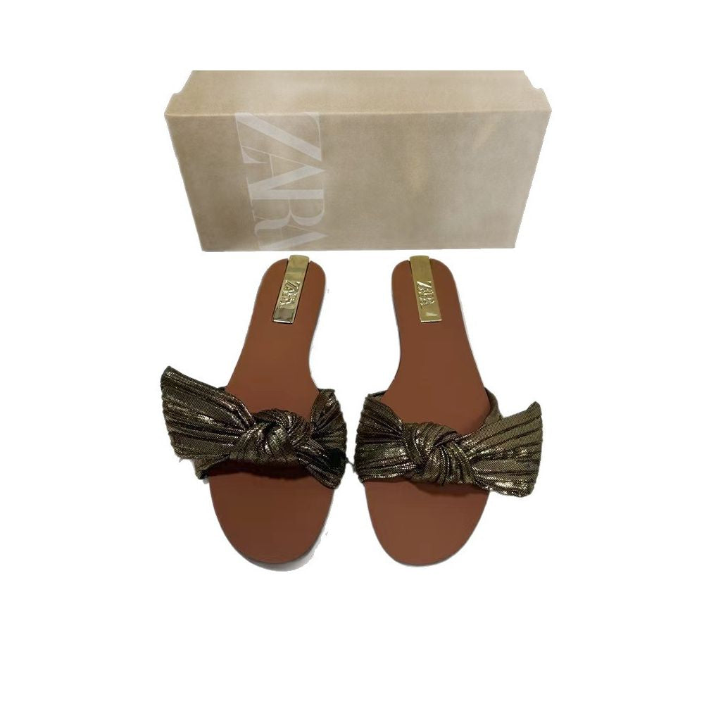 ZA Women s Shoes 2025 Summer New Flat Round Toe One Strap Bow Open Toe Casual Beach Shoes image 4