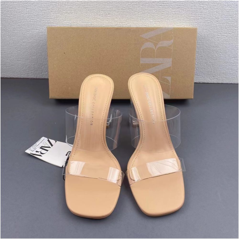 ZA Women s Shoes 2025 Summer Square Toe Stiletto Heel Versatile High Heel Sandals Women s Open Back Transparent Fashion Sandals