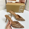 2025 Spring New Arrival Women s High Heels with Glossy Rhinestones Apricot Mesh Fashionable and Elegant Open Heel Mules image 2