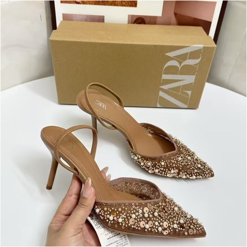 2025 Spring New Arrival Women s High Heels with Glossy Rhinestones Apricot Mesh Fashionable and Elegant Open Heel Mules image 2