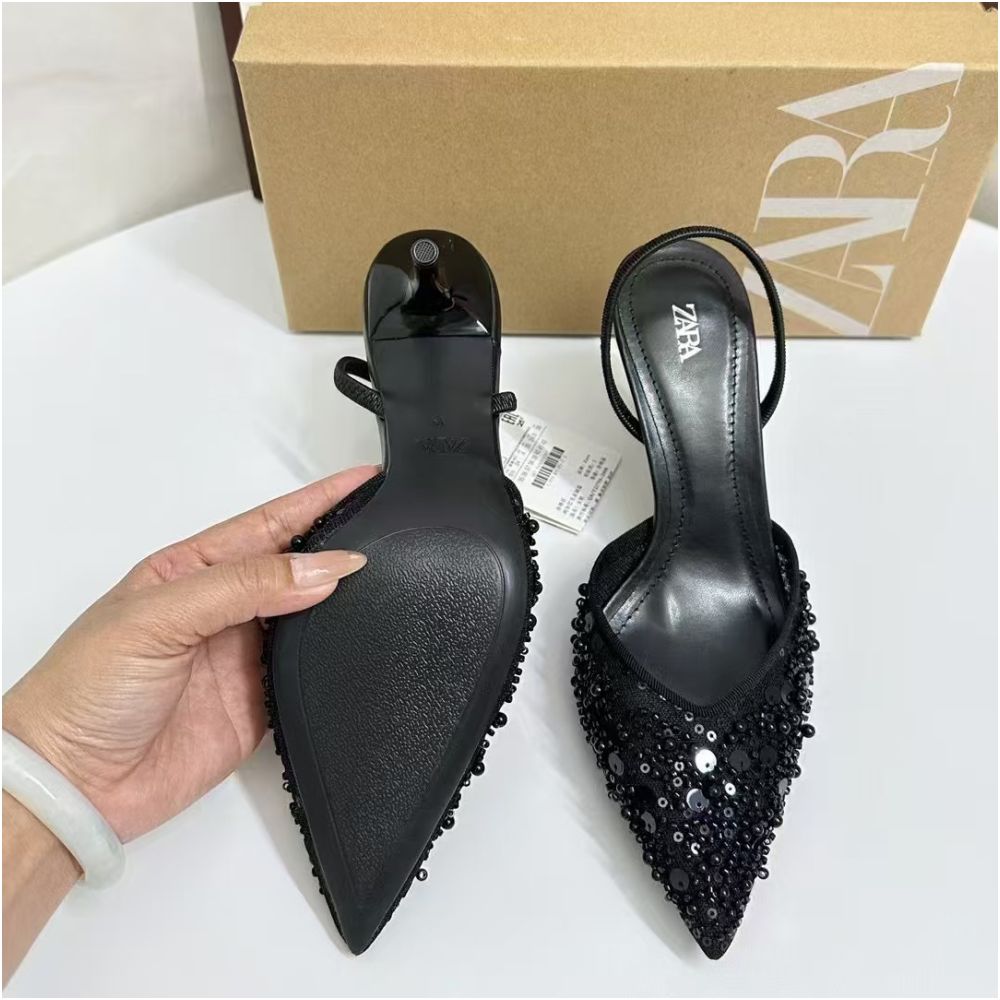 2025 Spring New Arrival Women s High Heels with Glossy Rhinestones Apricot Mesh Fashionable and Elegant Open Heel Mules