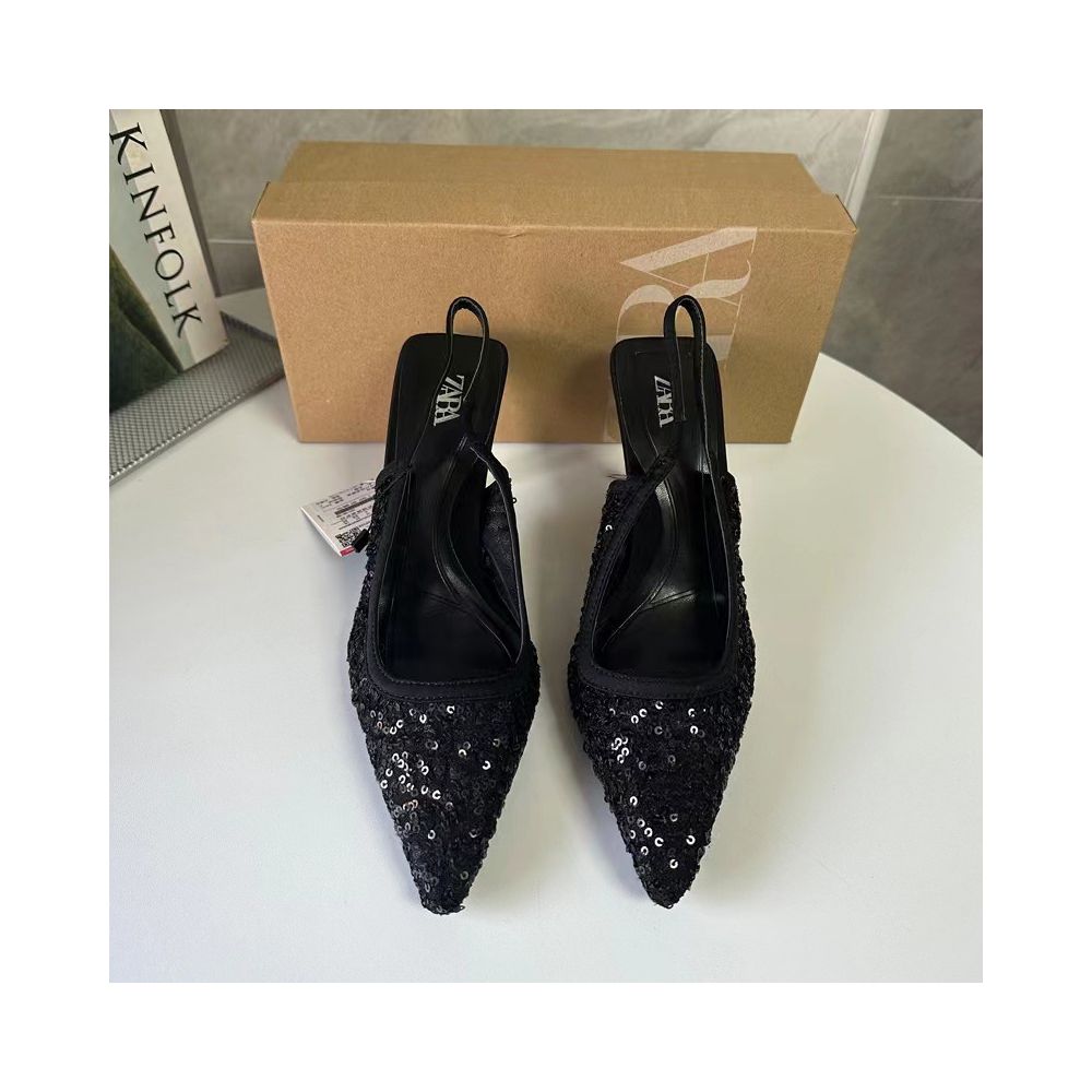 ZA 2025 Spring New Arrival Pointed Toe High Heel Black Sequined Open Back Stiletto Fashion Sandals for Women image 0