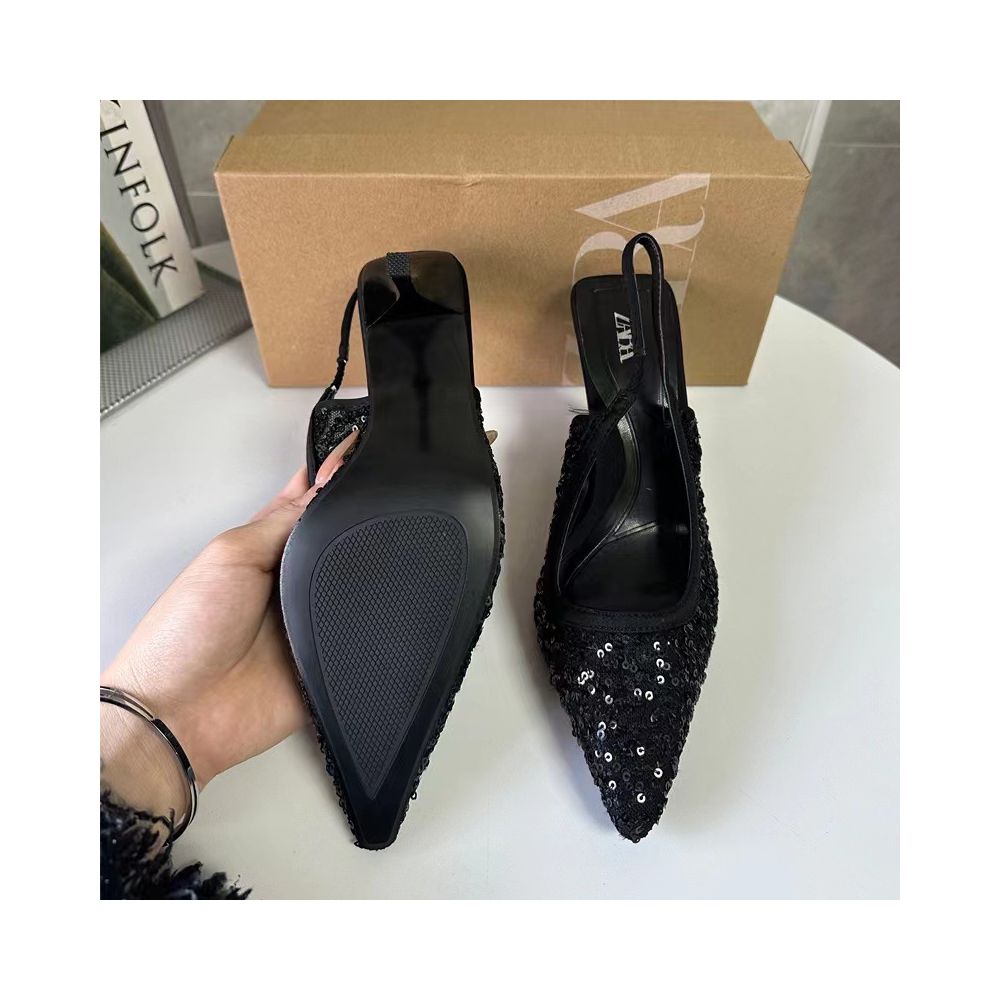 ZA 2025 Spring New Arrival Pointed Toe High Heel Black Sequined Open Back Stiletto Fashion Sandals for Women image 1