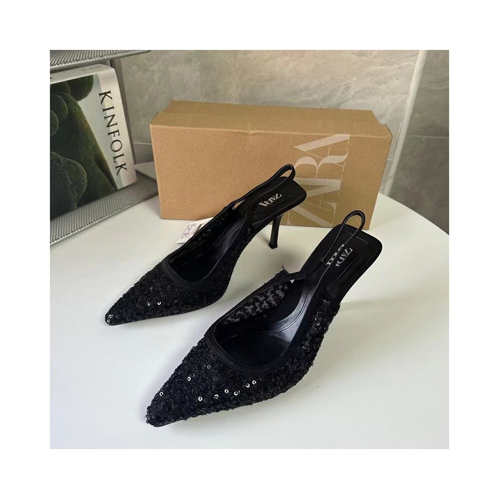 ZA 2025 Spring New Arrival Pointed Toe High Heel Black Sequined Open Back Stiletto Fashion Sandals for Women image 3
