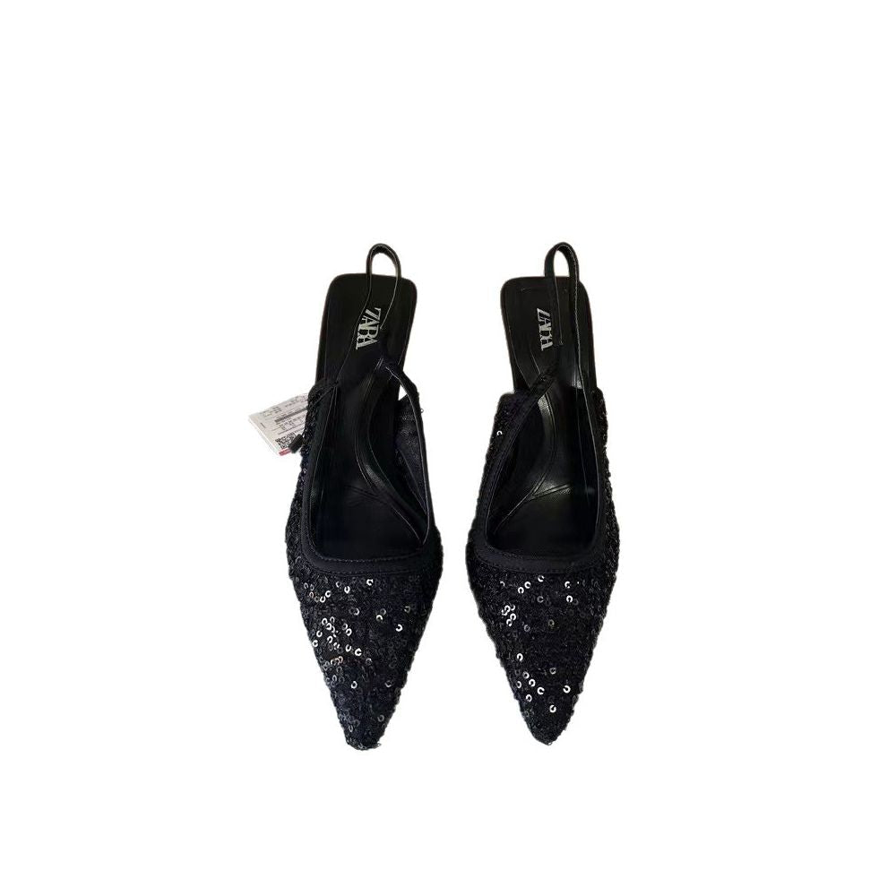 ZA 2025 Spring New Arrival Pointed Toe High Heel Black Sequined Open Back Stiletto Fashion Sandals for Women image 4