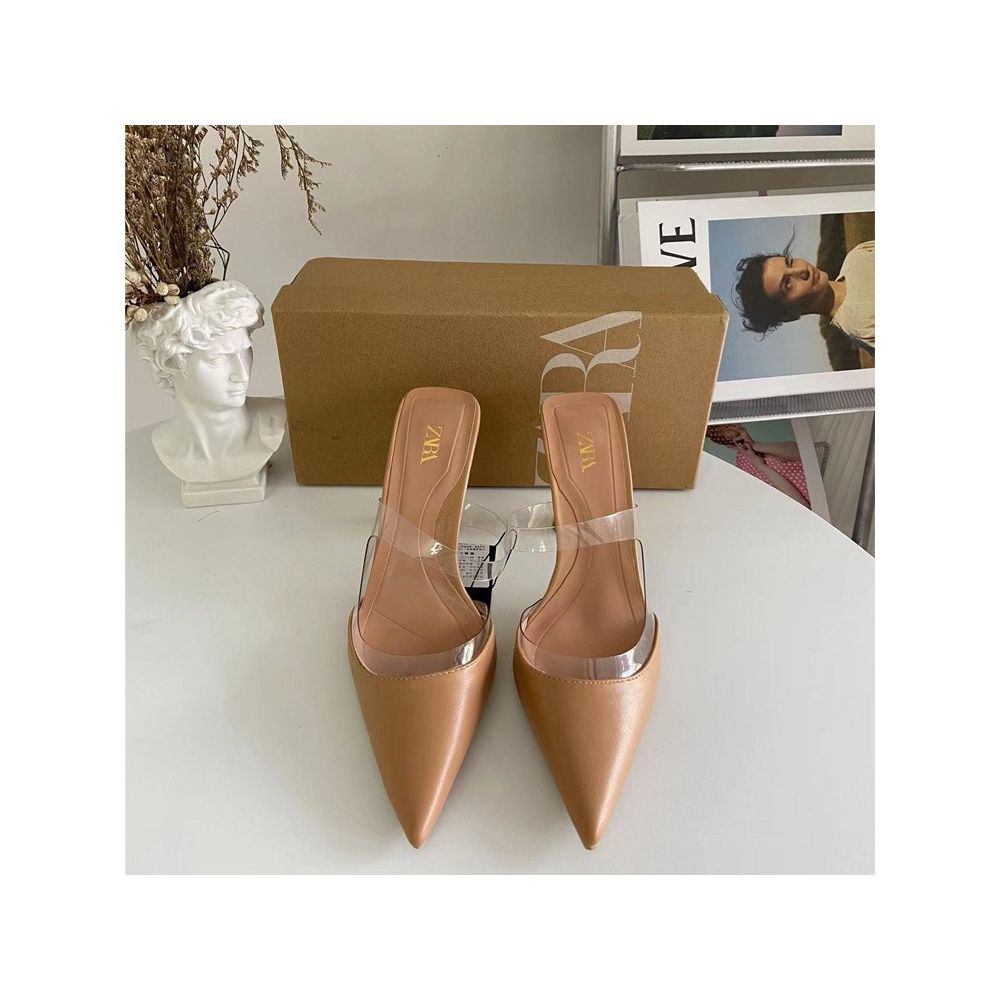 ZA Women s Shoes 2025 Spring New Pointed Toe Metal Heel Transparent PVC Trim High Heels Closed Toe Open Heel Stiletto