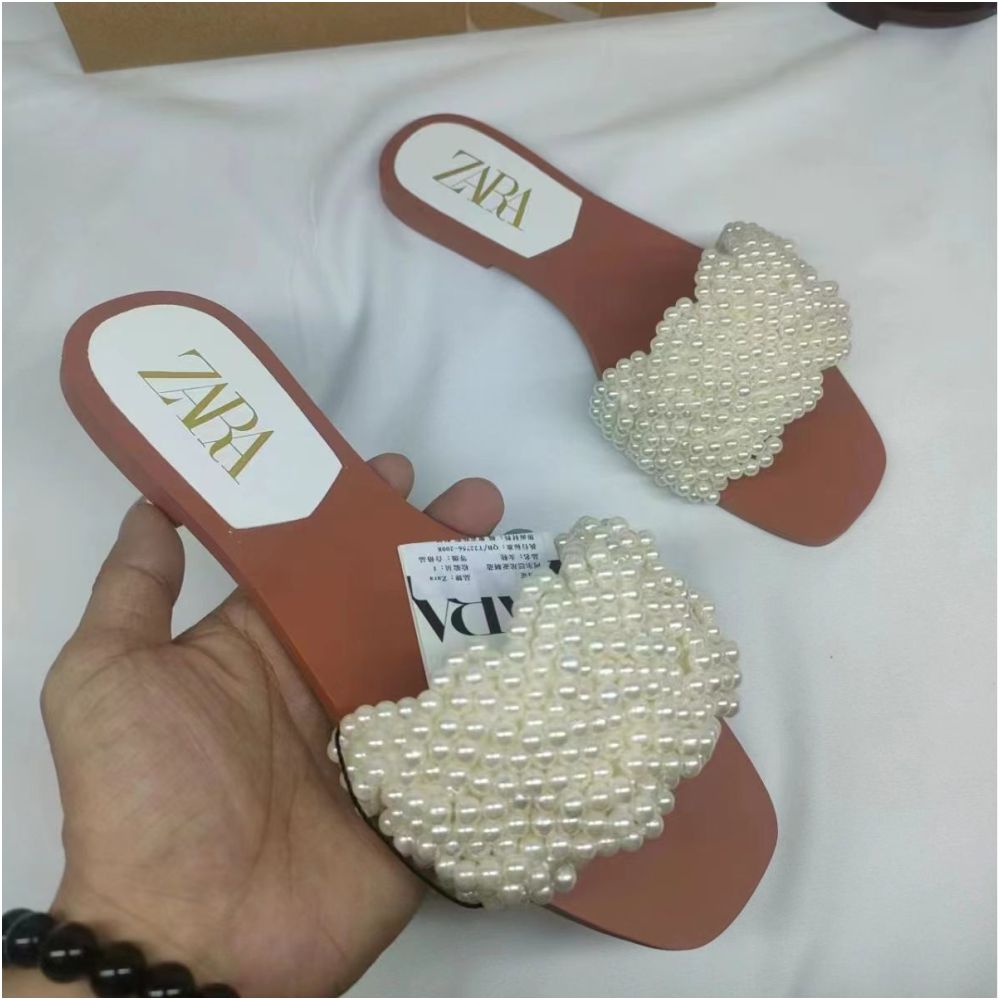 ZA 2025 Spring New Arrival Women s White Pearl Woven Flat Sandals Outerwear Foreign Trade Fashion Slippers for Women image 0