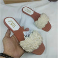 ZA 2025 Spring New Arrival Women s White Pearl Woven Flat Sandals Outerwear Foreign Trade Fashion Slippers for Women image 0