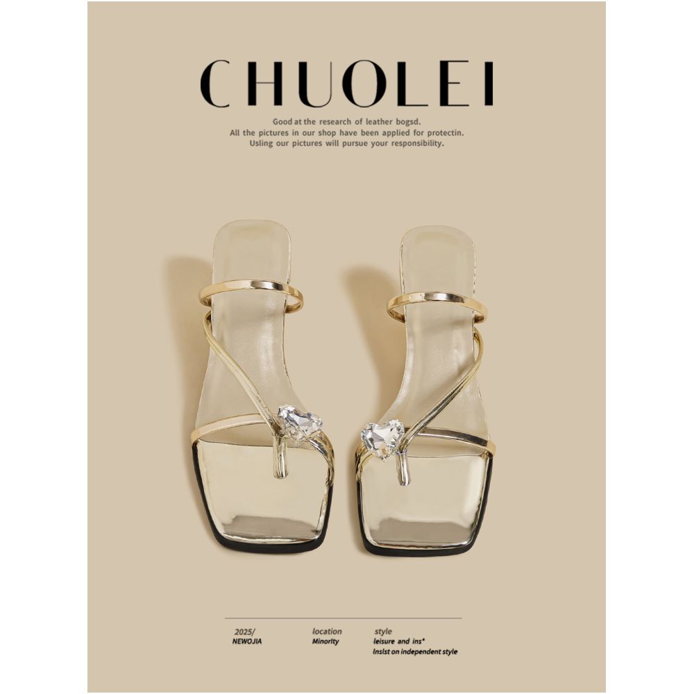 2025 summer new open toed slim heeled slippers for women wearing fairy feng shui diamonds versatile and beautiful gold single line sandals image 0