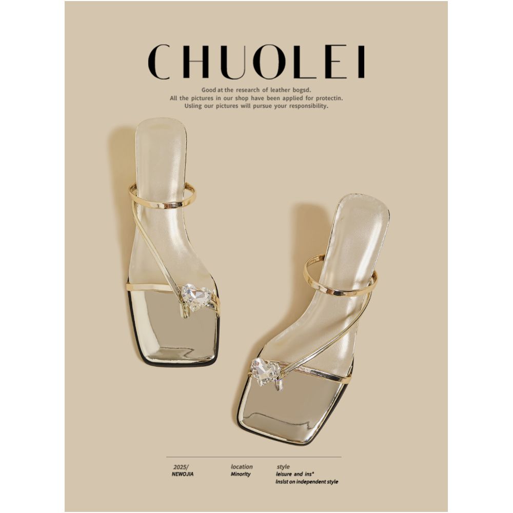 2025 summer new open toed slim heeled slippers for women wearing fairy feng shui diamonds versatile and beautiful gold single line sandals image 1