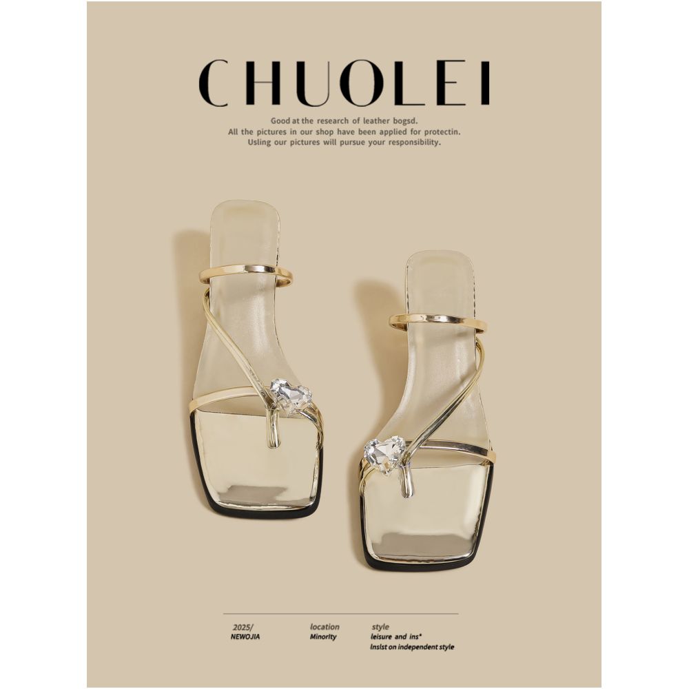 2025 summer new open toed slim heeled slippers for women wearing fairy feng shui diamonds versatile and beautiful gold single line sandals image 2