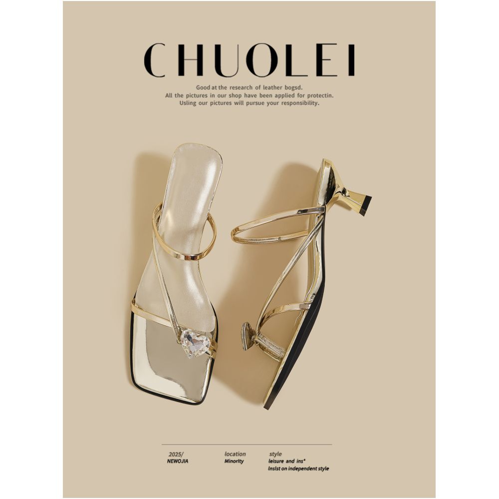 2025 summer new open toed slim heeled slippers for women wearing fairy feng shui diamonds versatile and beautiful gold single line sandals image 3