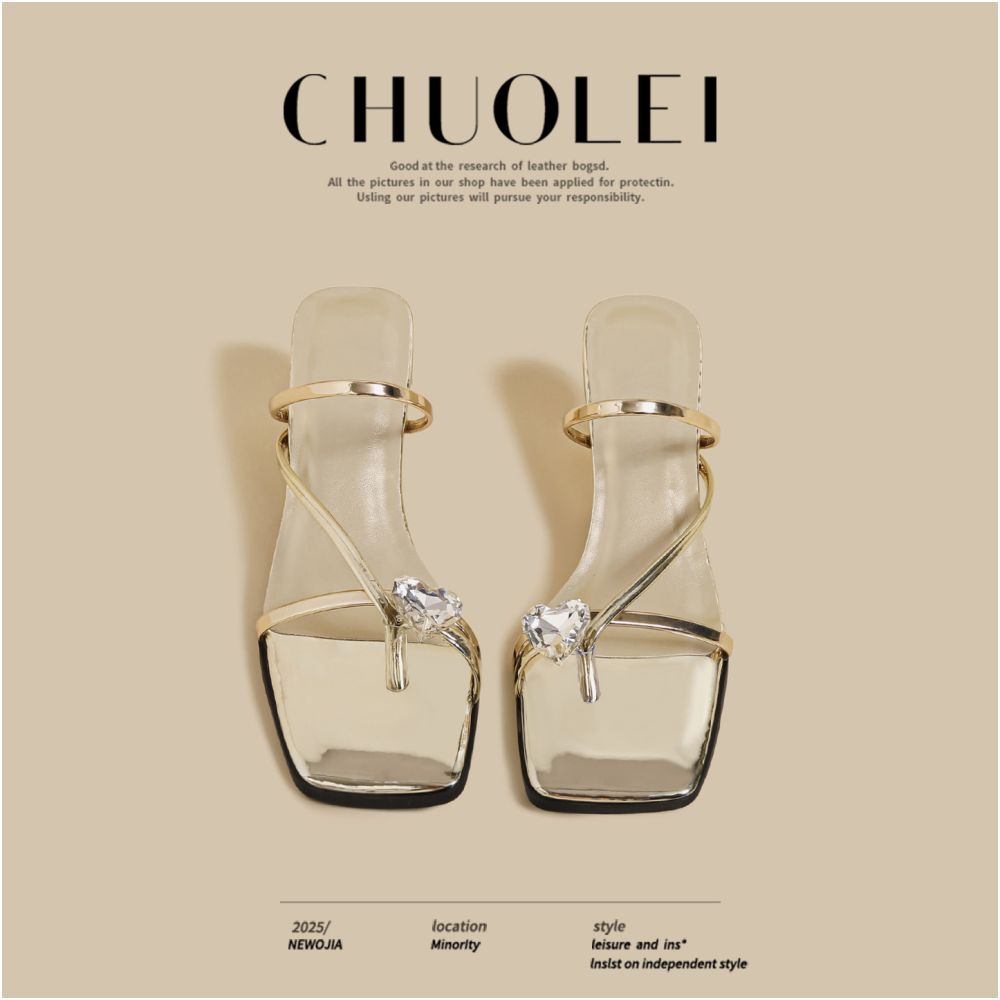 summer new open toed slim heeled slippers for women wearing fairy feng shui diamonds versatile and beautiful gold single line sandals