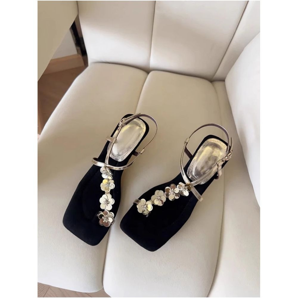 High end toe set with floral square toe fashionable sandals for women summer wear simple and exquisite Roman shoes image 0