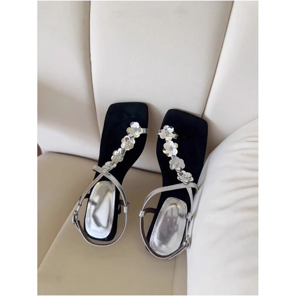 High end toe set with floral square toe fashionable sandals for women summer wear simple and exquisite Roman shoes image 1