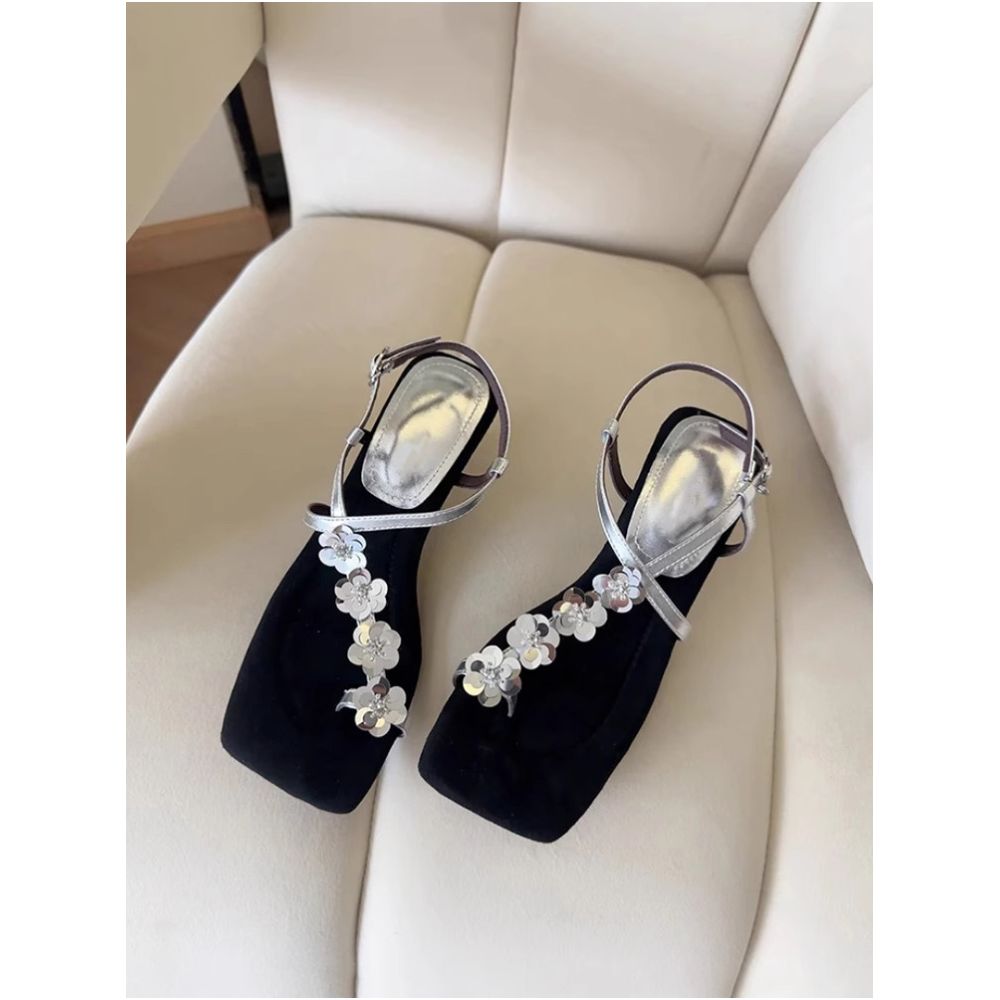 High end toe set with floral square toe fashionable sandals for women summer wear simple and exquisite Roman shoes image 3