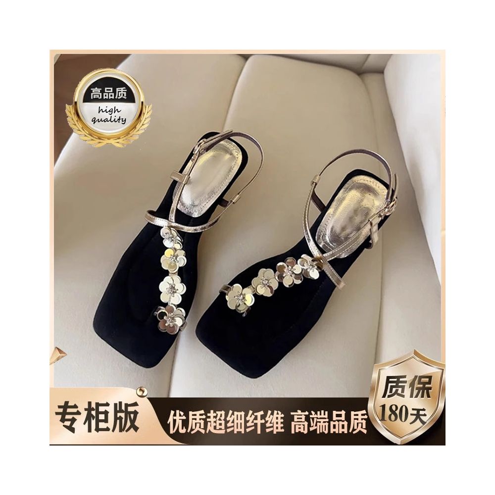 High end toe set with floral square toe fashionable sandals for women summer wear simple and exquisite Roman shoes