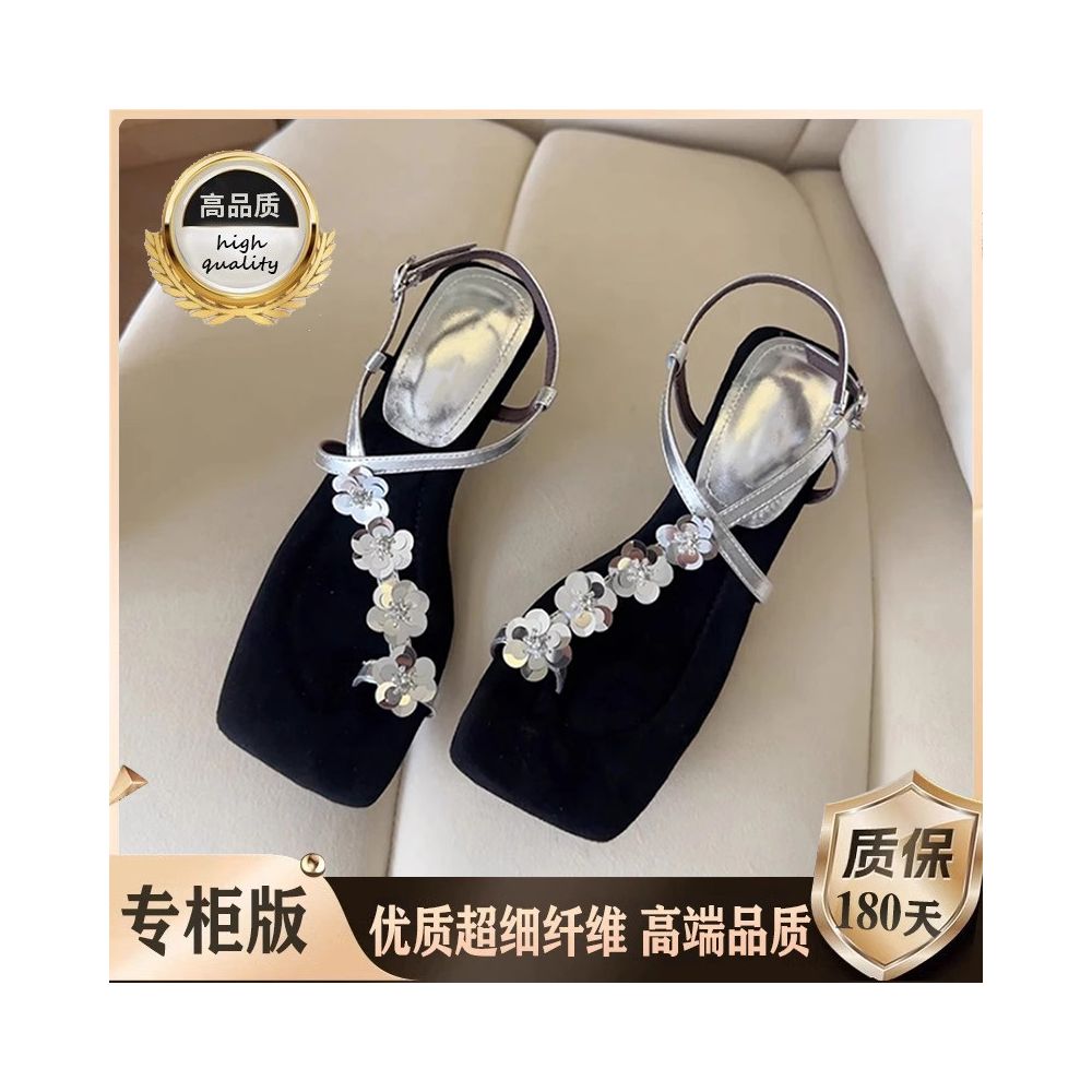 High end toe set with floral square toe fashionable sandals for women summer wear simple and exquisite Roman shoes