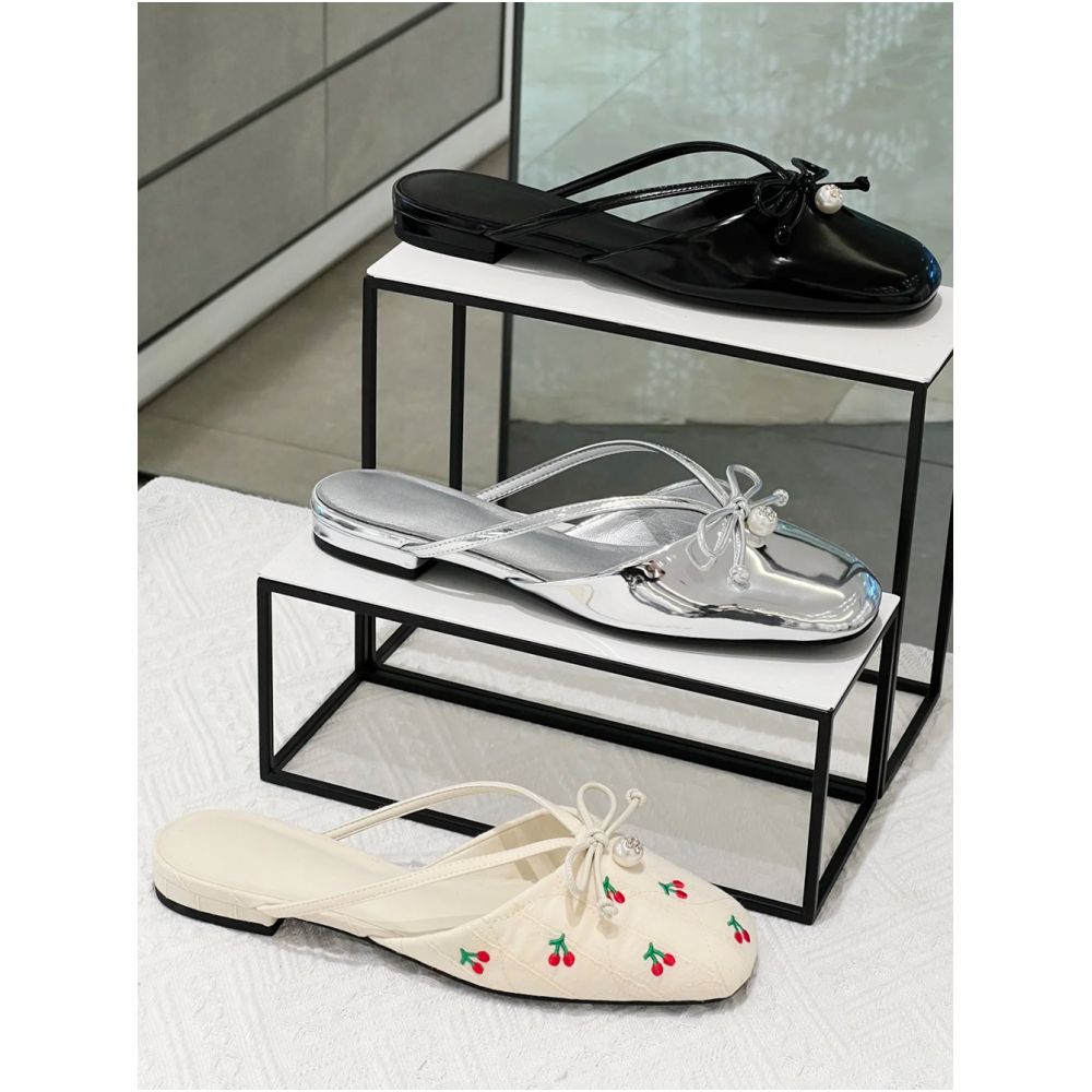 CHONGER u0026KAMEI25 Summer New Butterfly Knot Pearl Mill Shoes Women s Bag Head Half Slippers Low Heel Sandals image 0