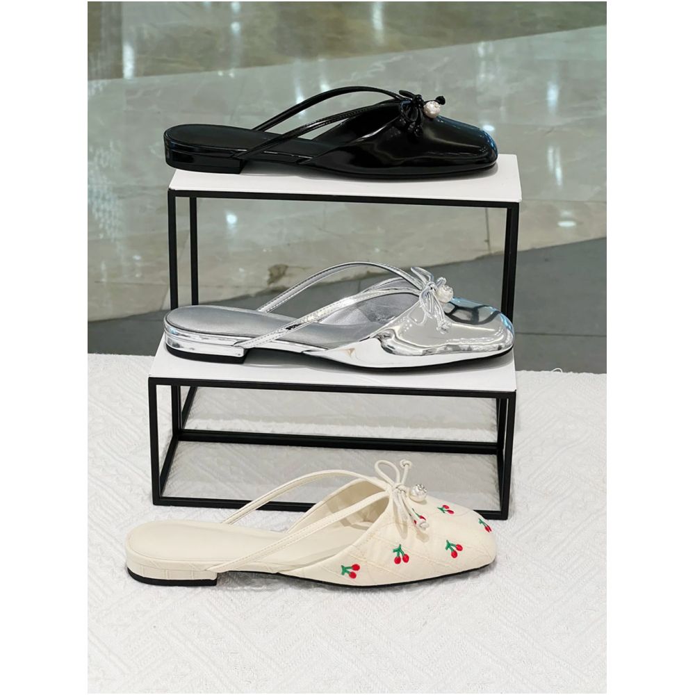 CHONGER u0026KAMEI25 Summer New Butterfly Knot Pearl Mill Shoes Women s Bag Head Half Slippers Low Heel Sandals image 1