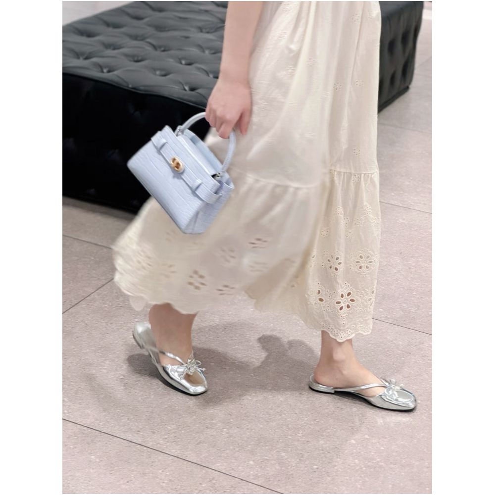 CHONGER u0026KAMEI25 Summer New Butterfly Knot Pearl Mill Shoes Women s Bag Head Half Slippers Low Heel Sandals image 4