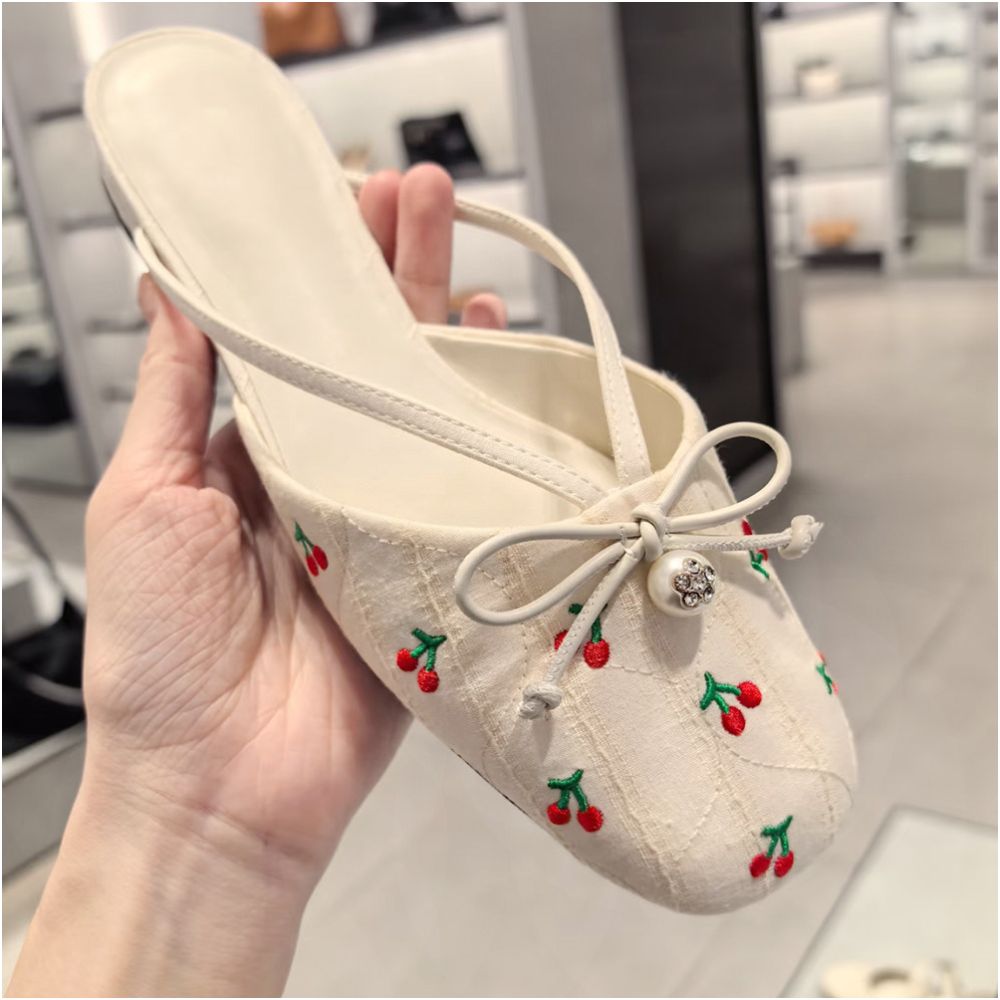 CHONGER u0026KAMEI25 Summer New Butterfly Knot Pearl Mill Shoes Women s Bag Head Half Slippers Low Heel Sandals