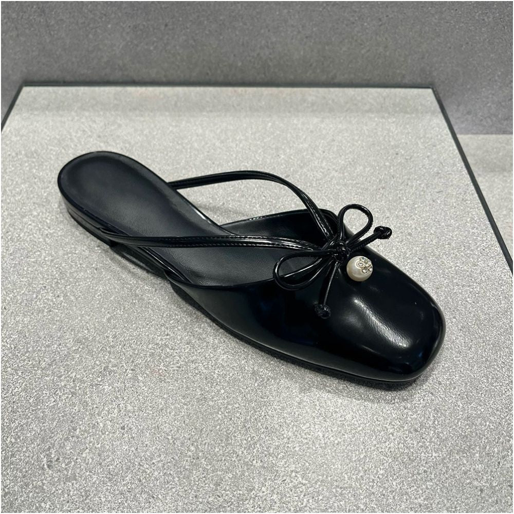 CHONGER u0026KAMEI25 Summer New Butterfly Knot Pearl Mill Shoes Women s Bag Head Half Slippers Low Heel Sandals