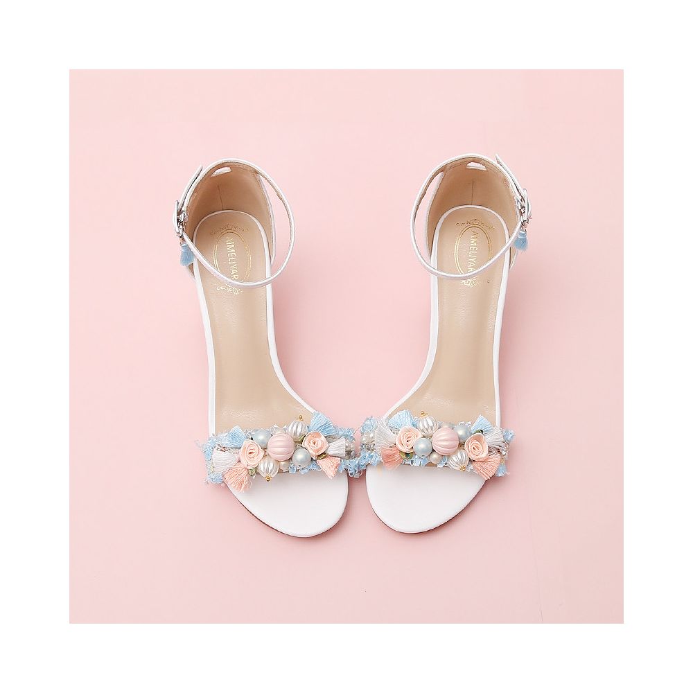Summer new light blue bow pearl rhinestone straight buckle with exposed toe white women s shoes thick medium and high heels image 0