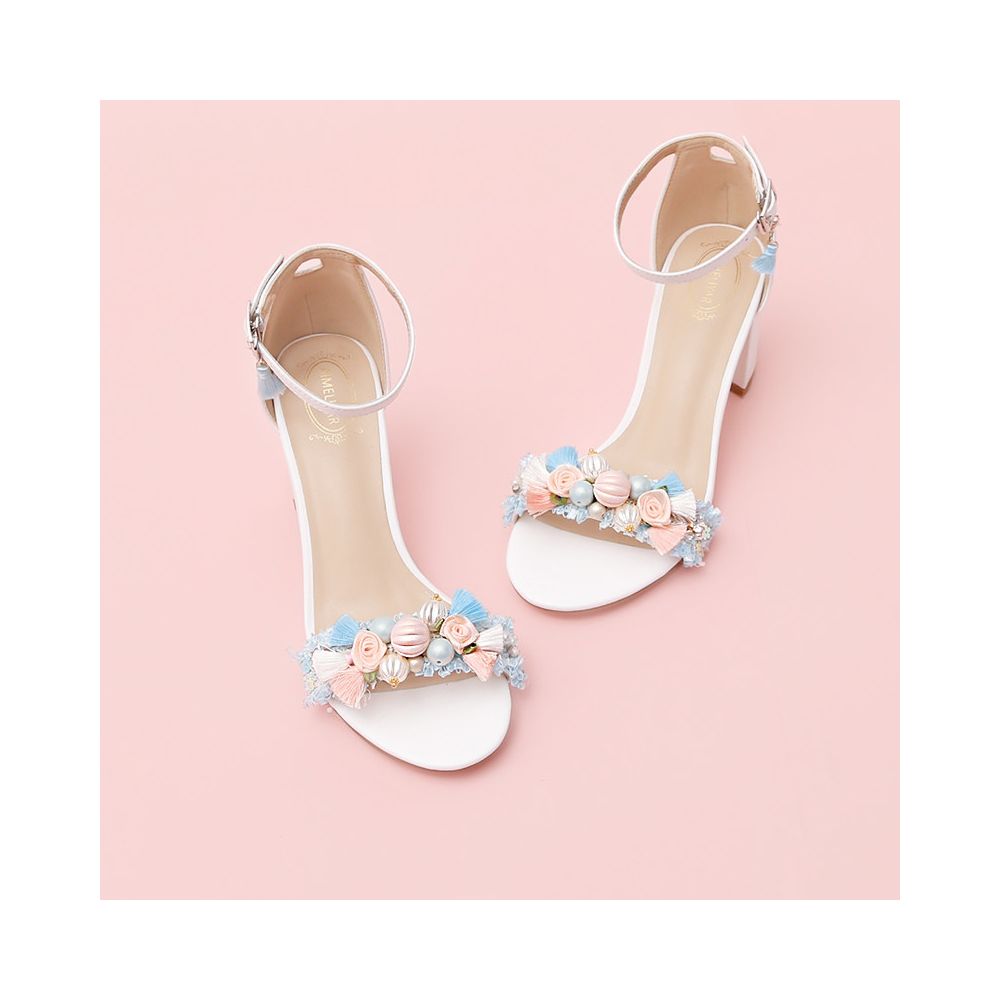 Summer new light blue bow pearl rhinestone straight buckle with exposed toe white women s shoes thick medium and high heels image 2