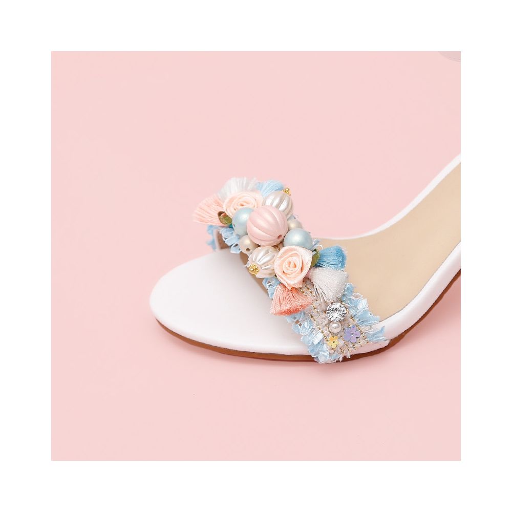 Summer new light blue bow pearl rhinestone straight buckle with exposed toe white women s shoes thick medium and high heels image 3