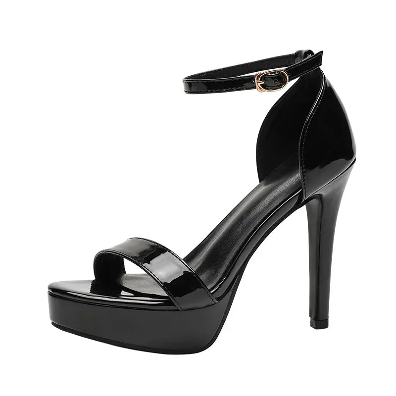 Patent Leather Black High Heel Shoes Size 35-41 Stiletto 12cm Platform Ankle Strap Buckle Open Toe Sandals for Women