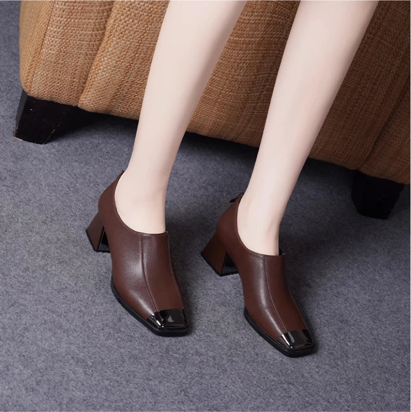 Deep mouth single shoe women's thick heel genuine leather middle heel women's soft leather soft sole square toe leather shoes