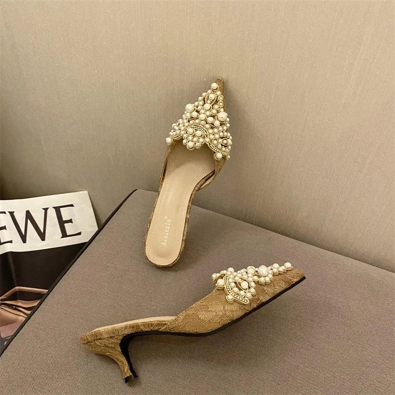 New Slippers Fashion Pointy Head Pearl Half Slippers Fine Heeled Sandals Women's Shoes 42 Yards Middle Heeled Mules Shoes