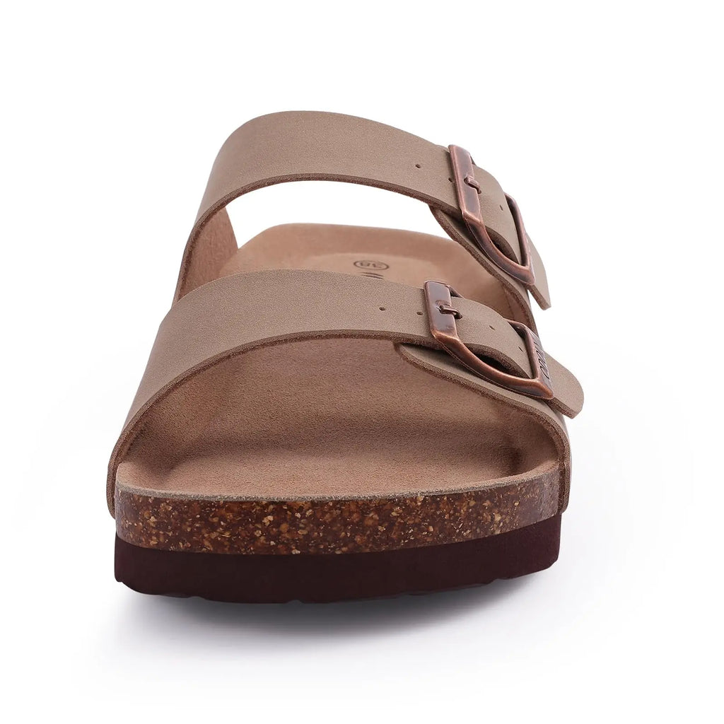 Shevalues Men Classic Leather Sandals Fashion Double Outdoor Beach Shoes Comfort Unisex Cork Footbed Slippers With Arch Support