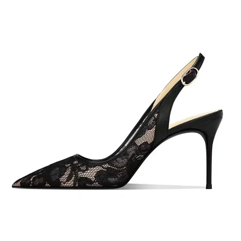 2024 Women's Shoes Lace High Heels Sexy Party Pumps Pointed Toe Buckle Strap Thin Heel Slingbacks Sandal