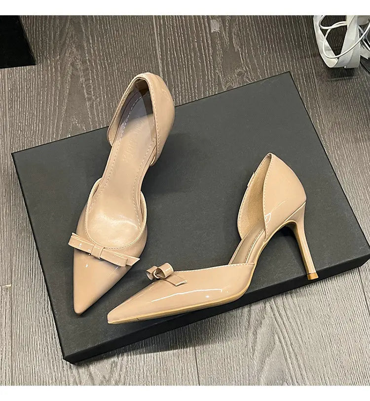New Autumn Patent Leather Nude High Heels Thin Heel Pointed Bow Korean Version
