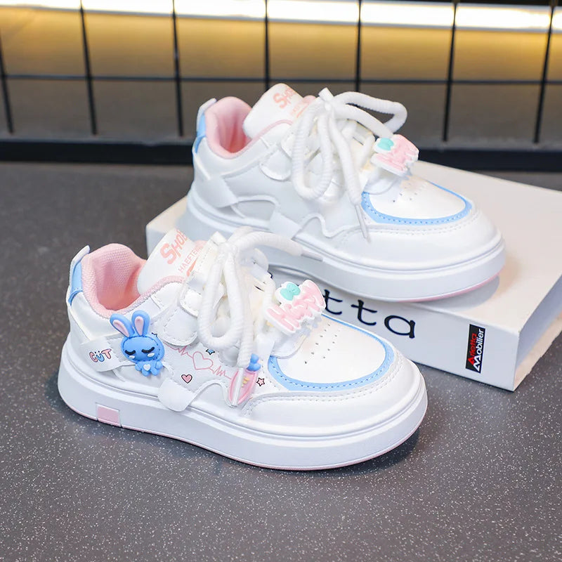 Kids Sports Shoes Girls Breathable Cartoon Sneakers 2025 Spring Autumn New White Shoes Soft Sole Leather Casual Shoes