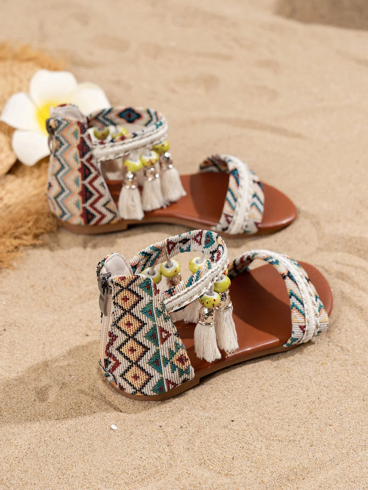 Toddler Beach Sandals - Bohemian Tassel Beaded Girls Summer Shoes Soft Sole for Vacation & Play