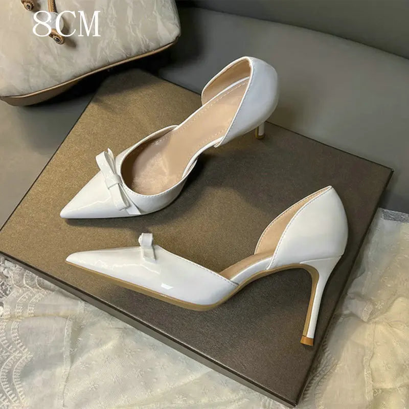 New Autumn Patent Leather Nude High Heels Thin Heel Pointed Bow Korean Version