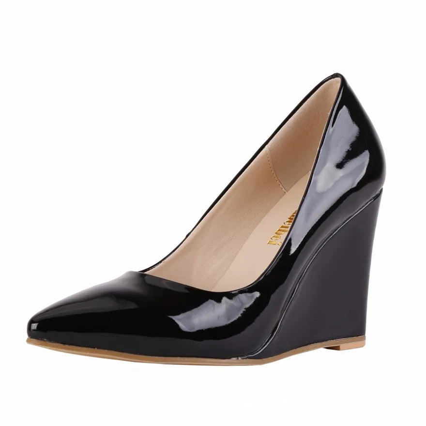 14 Colors Women Patent Leather Wedge Shoes Autumn Pointy Toe Shallow Woman Pumps Red Yellow High Heels Female Wedding Dress Shoe