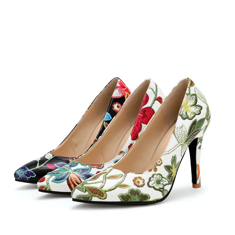 Ladies Retro Pumps Sexy High Heels Stiletto Black Green Blue Flowers Slip-Ons Plus Size 45-2 Wide Foot Shoes For Party Nigh Club