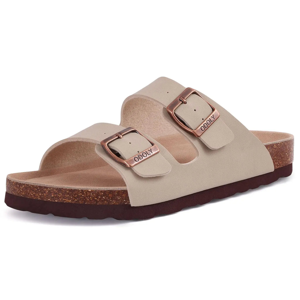 Shevalues Men Classic Leather Sandals Fashion Double Outdoor Beach Shoes Comfort Unisex Cork Footbed Slippers With Arch Support