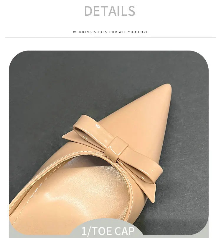 New Autumn Patent Leather Nude High Heels Thin Heel Pointed Bow Korean Version