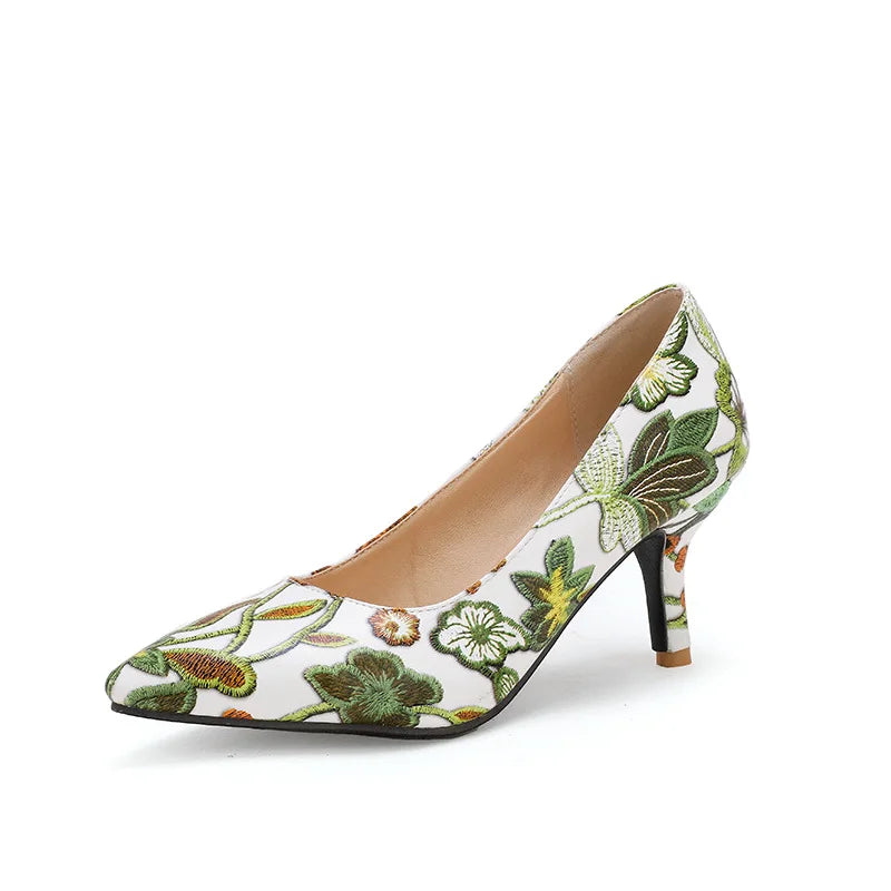 Ladies Retro Pumps Sexy High Heels Stiletto Black Green Blue Flowers Slip-Ons Plus Size 45-2 Wide Foot Shoes For Party Nigh Club