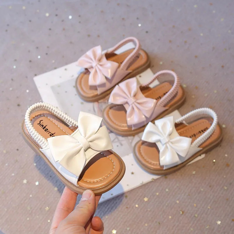 Kids Sandals for Girls 2025 Summer Girls Bow Design Sandals Children Beach Shoes Open Toes Flat Anti-skid Rubber Ankle Strap